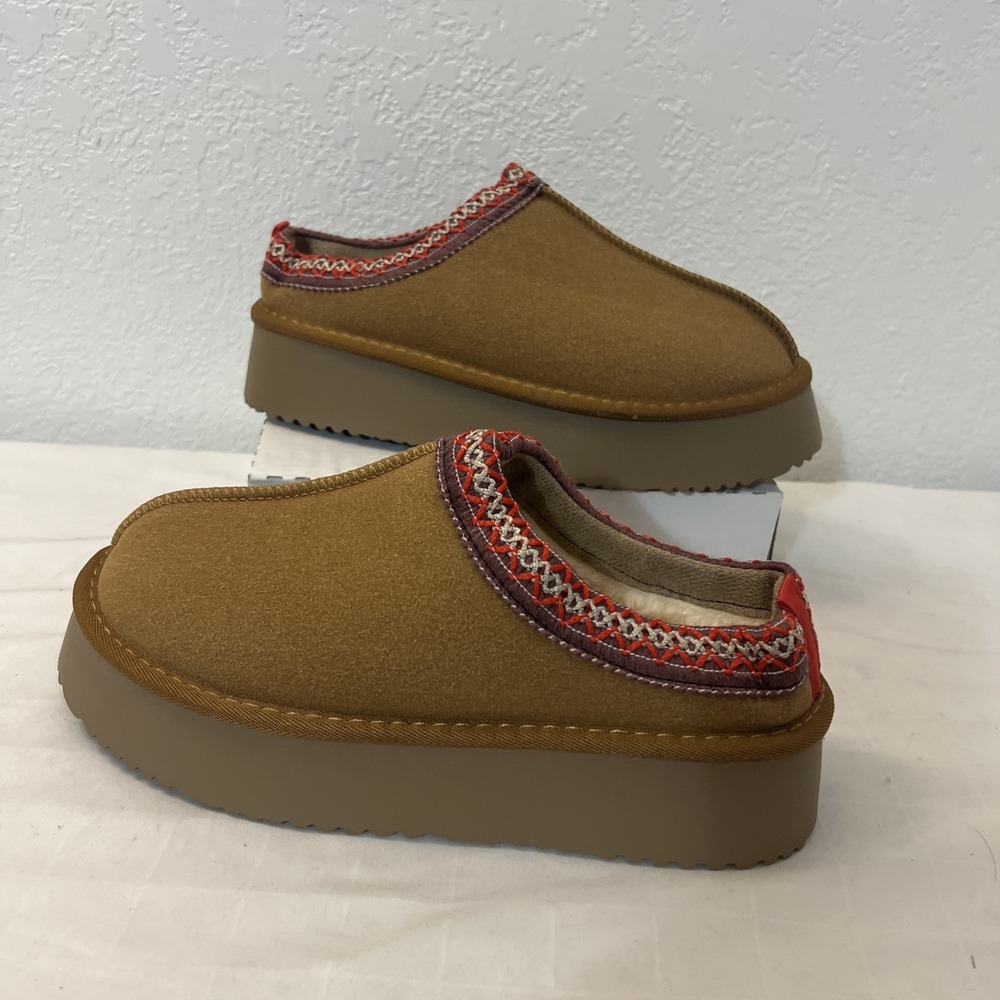 Platform Slippers Womens Size 9 Chestnut Mini Boots Fur Lined Suede Short Ankle
